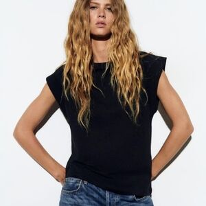 ZARA Ribbed Drop Sleeve Cotton T-Shirt - Black - Medium